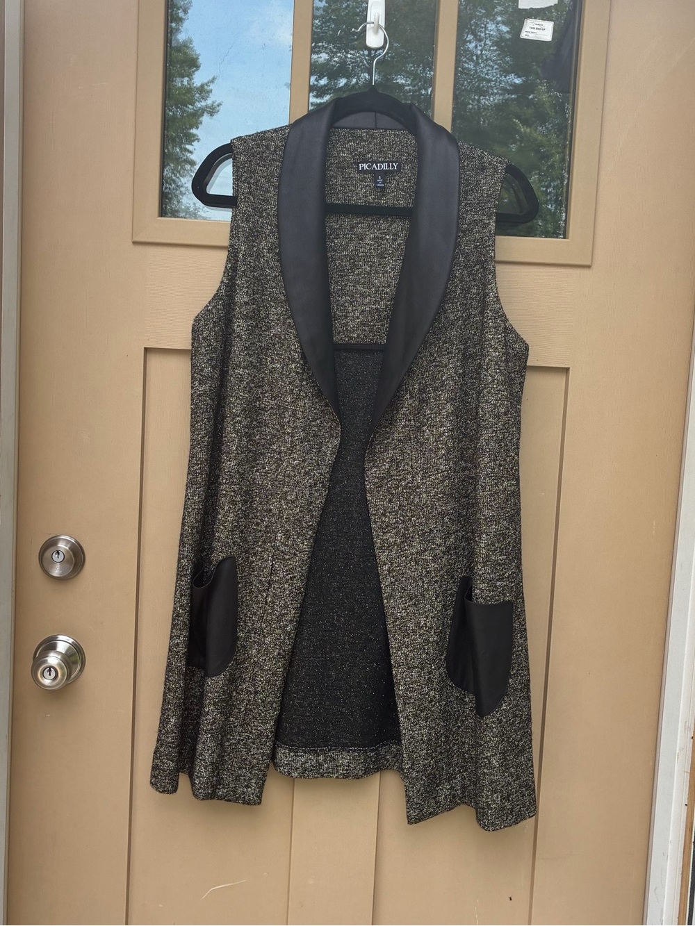 Picadilly Black and Gray Tweed Style Open Front Vest Faux Leather Women's Small
